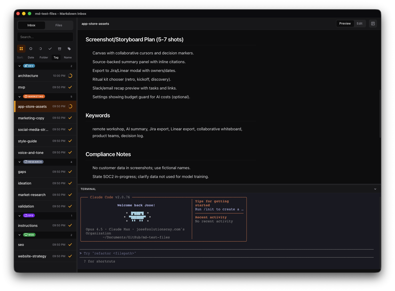 Markdown Inbox app screenshot